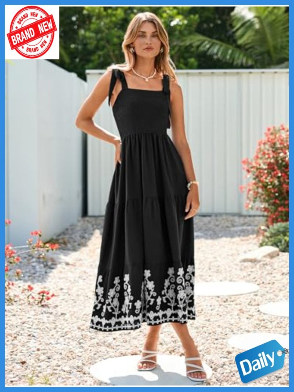 Smocked Spaghetti Strap Embroidery Maxi Dress with Pockets - Picture 4 of 6